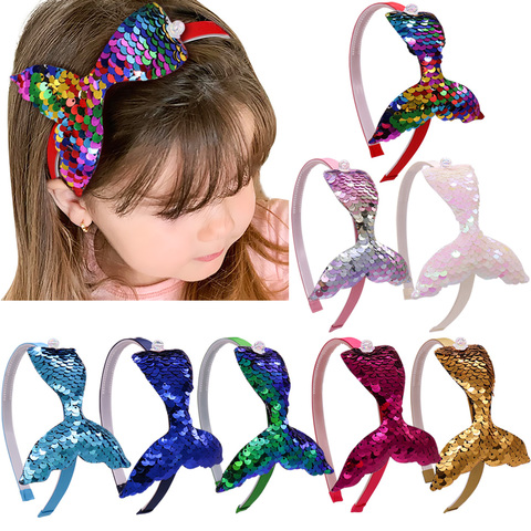 Oaoleer Hair Accessories 4.5'' Reversible Sequins Headbands For Girls Rainbow Mermaid Pearls Hair Bands Korea Fashion Headdress ► Photo 1/6