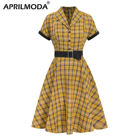 2022 Spring Yellow British Plaid Vintage Dress Turn Down Neck Belt Short Sleeve Swing Party Robe Rockabilly 50s Retro Vestidos ► Photo 1/6