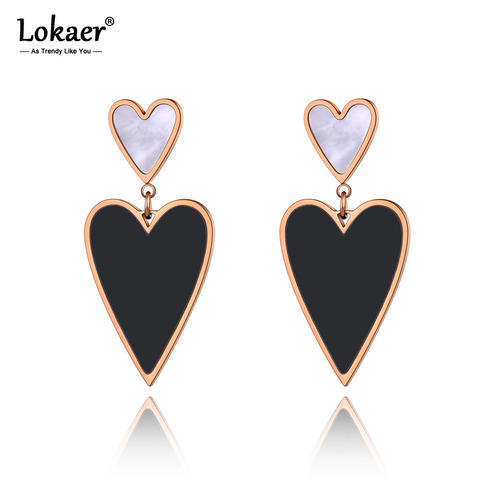 Lokaer Trendy Titanium Stainless Steel Black Acrylic & White Shell Earrings Jewelry Double Heart Earrings For Women Girls E20033 ► Photo 1/5