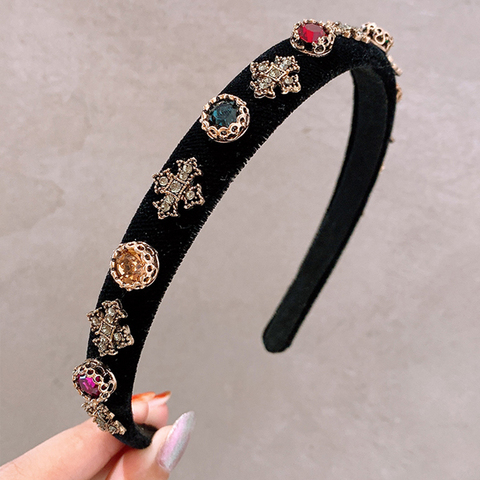 AOMU Korean Retro French High-quality Velvet Colorful Crystal Headband for Women Vintage Party Autumn Winter Hair Accessories ► Photo 1/6