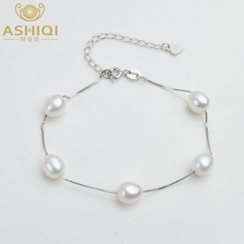 ASHIQI Genuine 925 Sterling Silver Bracelet For Women 7-8mm Natural Freshwater Pearl jewelry 4 Colours ► Photo 1/6