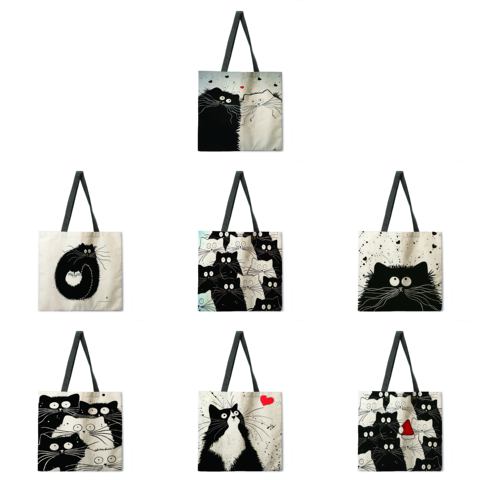Black and white cat linen fabric casual tote bag foldable shopping bag reusable beach bag ladies shoulder bag ► Photo 1/5