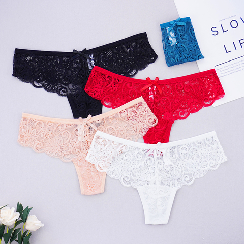 Women's Full Lace Thong  Panties Sexy Tangas See Through Underwear G-String Hollow Out Low Cut Bow Lady Lingerie Five Color ► Photo 1/6