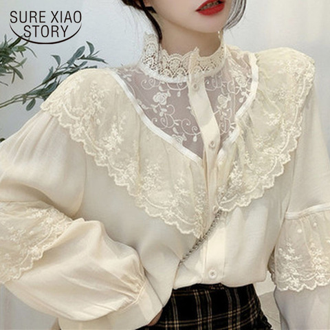 2022 Spring Loose Women Blouses Sweet Korean Clothes Lace Up Ruffles Women Blouse Fashion Stand Shirts Vintage Ladies Tops Chic ► Photo 1/6