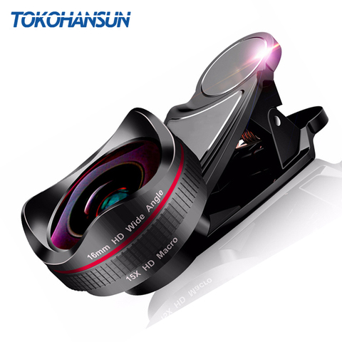 TOKOHANSUN HD Optical Glass 0.45x Wide Angle Lens 15x Super Macro Lens for iPhone 6s 7 8 Plus Samsung Huawei Camera Lens Kit ► Photo 1/6