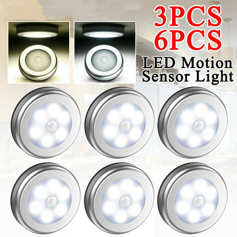 3/6 Pcs Motion Sensor Night Light Round Thin Type Induction Cabinet Night Light 6 LED Magnetic Lamp Motion Sensor Light Battery ► Photo 1/6