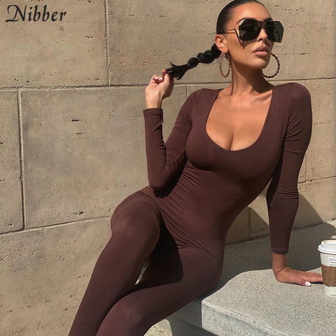 Nibber Basic Bodycon Jumpsuit For Women Casual Stretch Fitness Rompers 2022Spring Fall Activity Low Neck Streetwear Overalls ► Photo 1/6