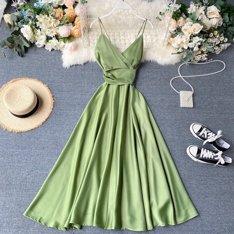 FTLZZ New Summer Women Sexy V Neck High Waist A-line Party Tank Sundress Elegant Bandage Bow Long Dress Vestidos Multicolour ► Photo 1/6