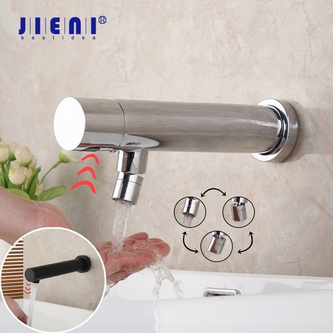 JIENI Matte Black Lavatory Bathroom Faucet Wall Mount Sensor Faucet Automatic Hands Free Touch Sensor Basin Sink Cold Tap Faucet ► Photo 1/6