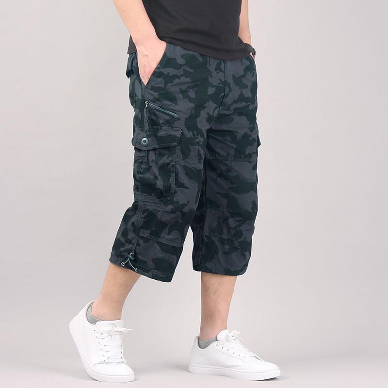 Men Baggy Cotton Loose cropped trousers Cargo Shorts Military Summer Capri Pants 