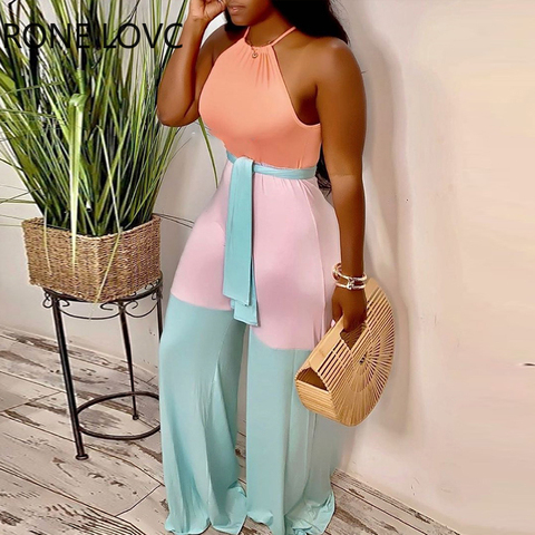 Women Sleeveless Halter Contrast Color with Sashes Jumpsuits Casual Sexy vacation Jumpsuits ► Photo 1/3