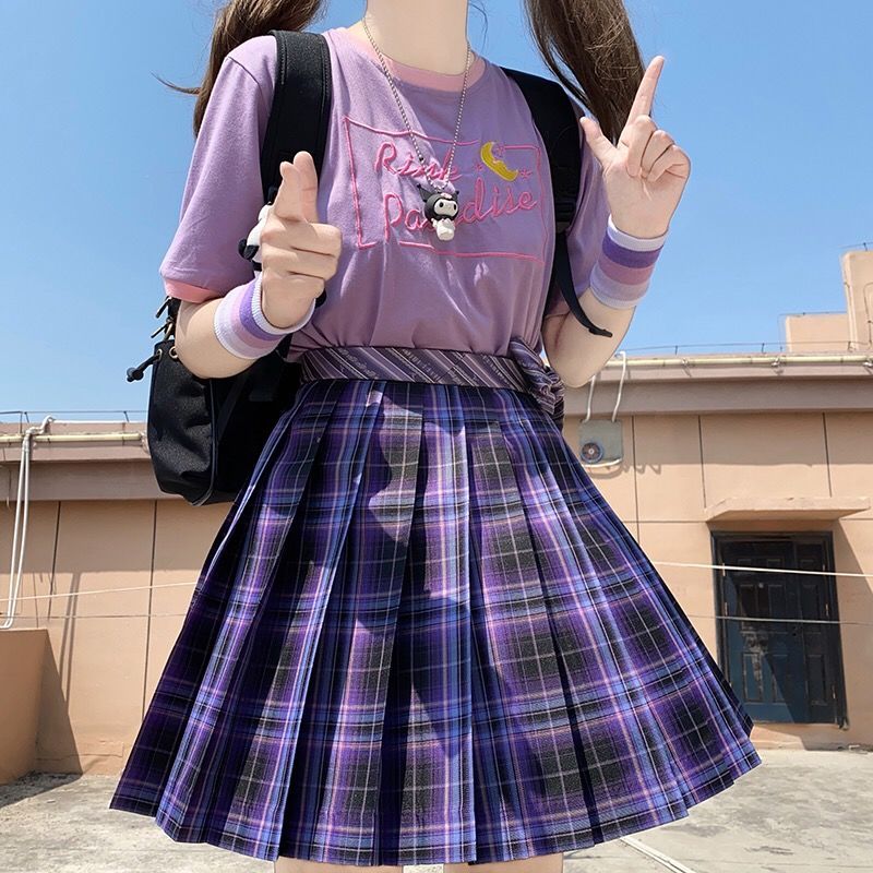 Women Purple Black Goth Pleated Plaid Skirt Glir High Waist Mini Sexy ...