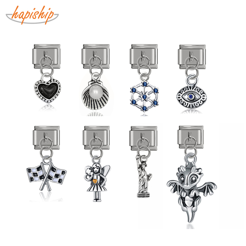 Hapiship 2022 New Original Daisy Heart Eye Shell Dinosaur Charm Links Fit 9mm Bracelet Stainless Steel Jewelry Making DJTop19 ► Photo 1/6