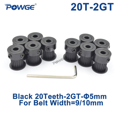 POWGE Black Anodizing 20 teeth 2M 2GT Synchronous Timing Pulley Bore 5mm for Width 9/10mm 2MGT GT2 Open Belt 20T 20Teeth VORON ► Photo 1/6