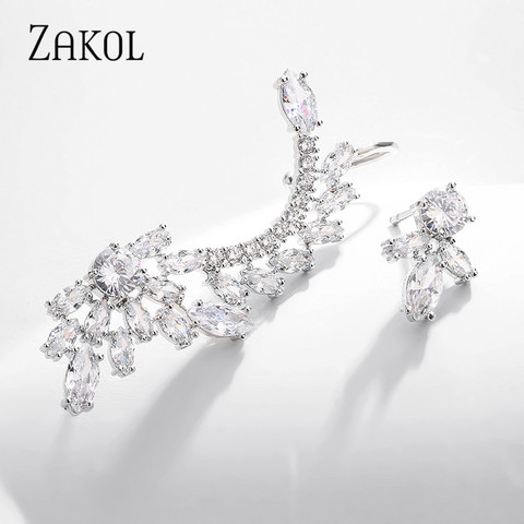 ZAKOL Asymmetric Feather Shape Shiny Cubic Zirconia Long Big Ear Cuff Stud Earrings for Women Fashioin Party Jewelry FSEP2540 ► Photo 1/5