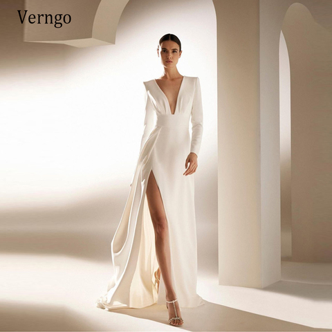 Verngo Simple Ivory Soft Satin A Line Wedding Party Dresses Long Sleeves V Neck High Side Slit 2022Women Formal Gowns Outfit ► Photo 1/6