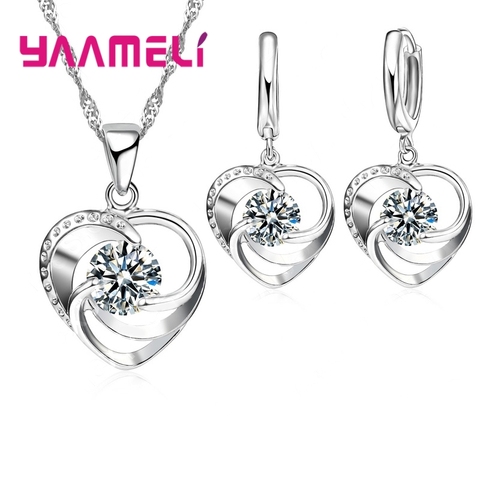 925 Sterling Silver Necklace Earrings Set Long Chain Sweet Romantic Style Love Heart Shape For Women Lady Wife ► Photo 1/2