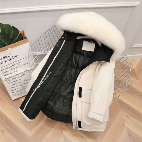 Fashion Oversize Hooded Chic Coat 2022 Winter Casual Loose Big Pocket White Duck Down Jacket Women Medium Long Fox Fur Collar ► Photo 1/6