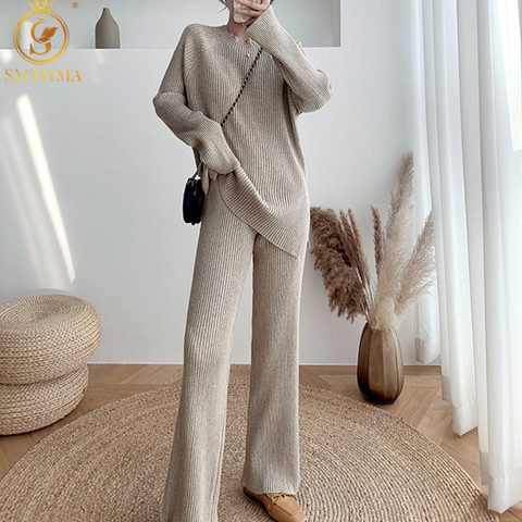 SMTHMA New Autumn Winter Thicken Warm Knitted Two Pieces Set Women Pullover Sweater +Elastic Waist Wide Leg Pants Suit Female ► Photo 1/6