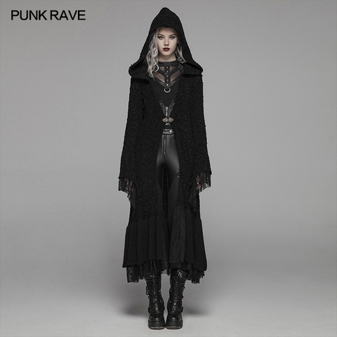 PUNK RAVE Women's Gothic Retro Black Long Hooded Sweater Halloween Costume Personality Women Woolen Cardigan Cuffs Stitched Lace ► Photo 1/6
