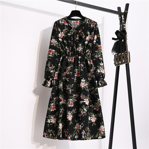 Korean Chiffon Spring Summer Dress Women Long Sleeve Vintage Floral Printed Autumn Bow Elastic Waist Midi Sundress Slim Vestidos ► Photo 1/6