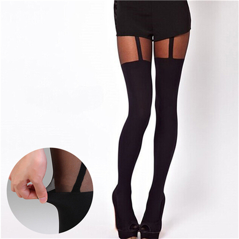 Women Girls Temptation Sheer Tattoo Mock Suspender Velvet Tights Pantyhose Fake Strap Garter Belt Thigh-High Stockings ► Photo 1/6