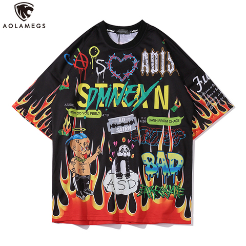 Aolamegs Men T Shirt Cartoon Graffiti Print Cozy Harajuku Hip Hop Style Short Sleeve Lovers High Street Casual Summer Streetwear ► Photo 1/6