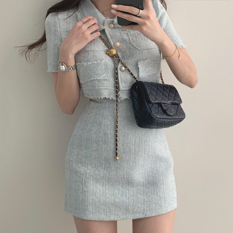 Women Summer Two 2 Piece Set Korean Style Elegant Single Breasted Tassle Short Sleeve Tops and High Waist Bodycon Mini Skirt ► Photo 1/5