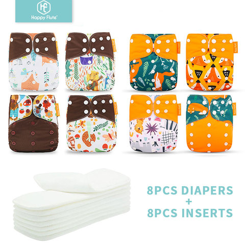 HappyFlute 8 diapers+8 Inserts  Baby Cloth Diapers One Size Adjustable Washable Reusable Cloth Nappy For Baby Girls and Boys ► Photo 1/5