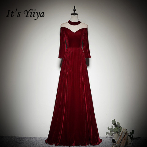 Velour Robe De Soiree It's Yiiya BR326 Three Quarter Sleeve Vestidos De Fiesta Long Burgundy High Collar Evening Dresses ► Photo 1/5