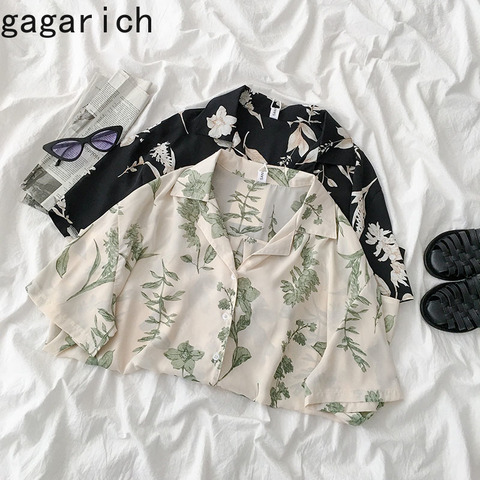 Gagarich Women Blouses Vintage Floral Short Sleeve Chiffon Notched Elegant See Through Beach Streetwear Chic Female Shirt Tops ► Photo 1/6