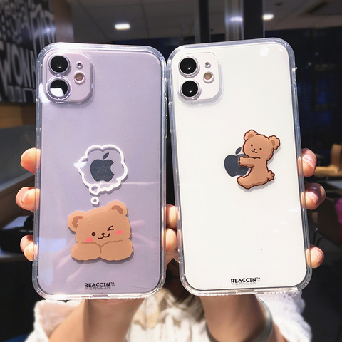 Funny Cute Cartoon Bear Clear Phone Case For iPhone 12 Pro Max Mini 11 X XS XR 7 8 Plus Animal Couple Transparent Soft TPU Cover ► Photo 1/6