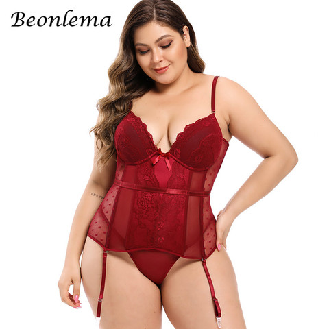Beonlema Women Plus Size Sexy Lingerie Red Corset Bustiers Erotic Lace Underwear Mesh Corselet Tops Blue Black S-6XL Bodice ► Photo 1/6
