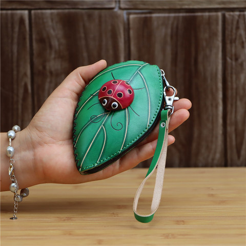 Leather Handmade Creative Leaves Seven Star Ladybug Mini Coin Purse Leather Card Key Case Clutch Clutch Clutch ► Photo 1/6