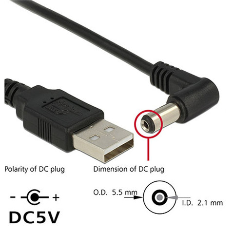 USB to 5.5 mm/2.1 mm 5 V olt DC Barrel Jack Power charge Cable 1m 3ft Elbow 90 Right Angle Design DC power plug USB CABLE ► Photo 1/6