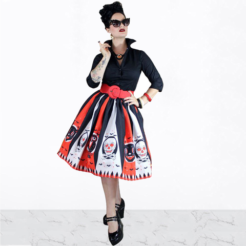 Women Vintage Halloween Skirt Retro Poker Face Skull Plus Size Skirt High Waist Pleated Ball Gown Long Skirts ► Photo 1/5