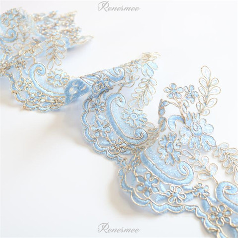 1Yd Exquisite Gold Outline Sapphire Sky blue Embroidery Lace Trimming Dress Home Textile Lace DIY Decorative Accessories 14.5cm ► Photo 1/6