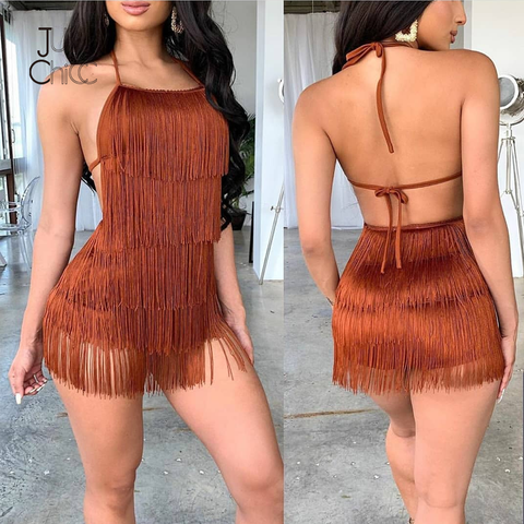 Justchicc Tassel Summer Bodysuit Women Halter Backless Club Mini Overall Sexy Fringe Lace Up Bodycon Party Bodysuit Female 2022 ► Photo 1/6