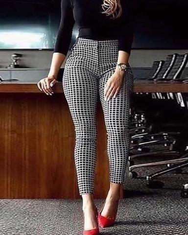 2022 Spring Autumn Women Elegant Plaid Print Skinny Feet Pants Black and White Slim Fit Pants Chic ► Photo 1/3