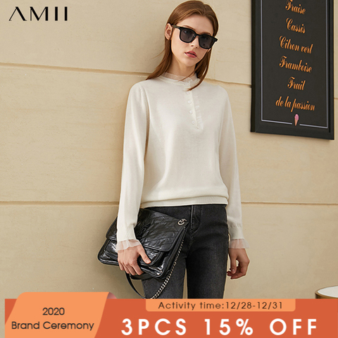 Amii Minimalism Winter Fashion 100%wool Sweaters For Women Causal Lace Patchwork Slim Fit Sweater Female Pullover Tops 12070631 ► Photo 1/5