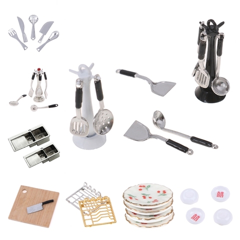 1:12 Mini Dollhouse Miniatures Tableware Cutlery Knife Fork Spoon Knife Chopping Block Dish Shelves Kitchen Food Furniture Toys ► Photo 1/6