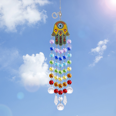 H&D Hamsa Hand of Fatima Evil Eye Pendant Chakra Crystals Suncatcher Rainbow Maker Home Wall Hanging Ornament Protection Gift ► Photo 1/1