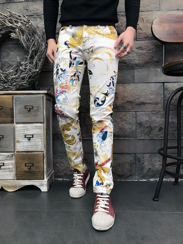 Men's Casual Spring Summer Flower Print Jeans Bar Club Fashion Trousers Colored Drawing Slim Elastic Cotton Denim Pants ► Photo 1/6