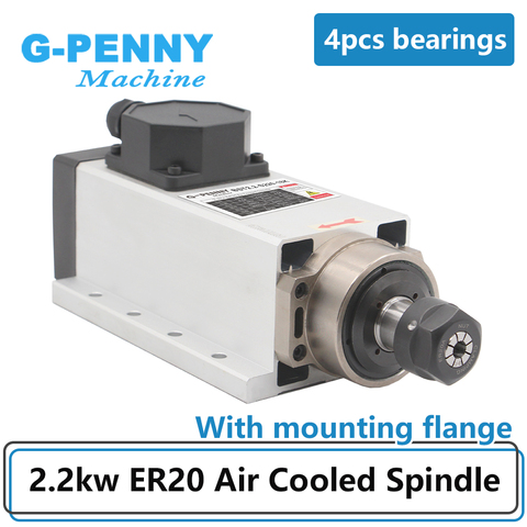 New Arrival! 2.2kw ER20 square type air cooled spindle motor 4 pcs bearings 0.01mm accuracy 24000rpm with mounting flange ► Photo 1/6