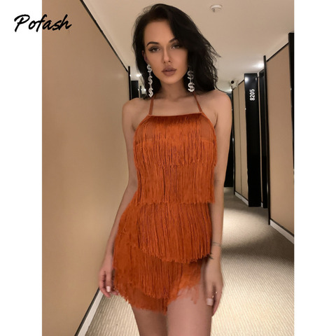 Pofash Solid Coffee Tassel Backless Playsuits Tie Halter Sexy Sleeveless Summer Club Party Rompers Slim Bodycon Jumpsuits 2022 ► Photo 1/6