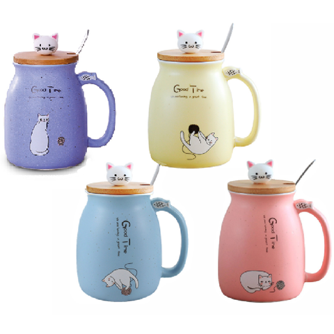 K-STAR Creative Ceramic Cup Cartoon Cat Coffee Milk Breakfast Cup With Wooden Lid And Stainless Steel Spoon Gift Cup Set 450ml ► Photo 1/6