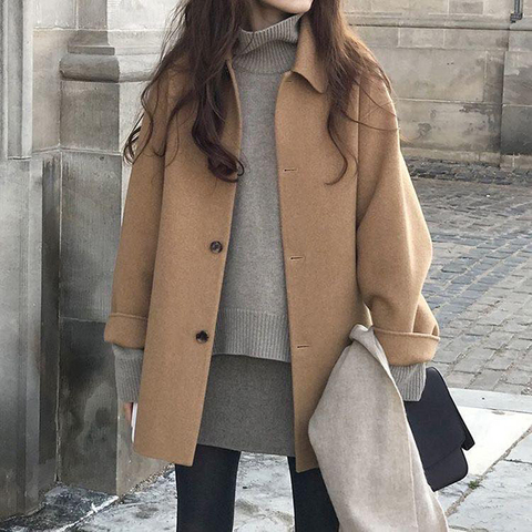 Lucyever Autumn Women Wool Coat Long Sleeve Single Breasted Fashion Turn Down Female Blends Causal Loose Winter Outwear 2022 ► Photo 1/6