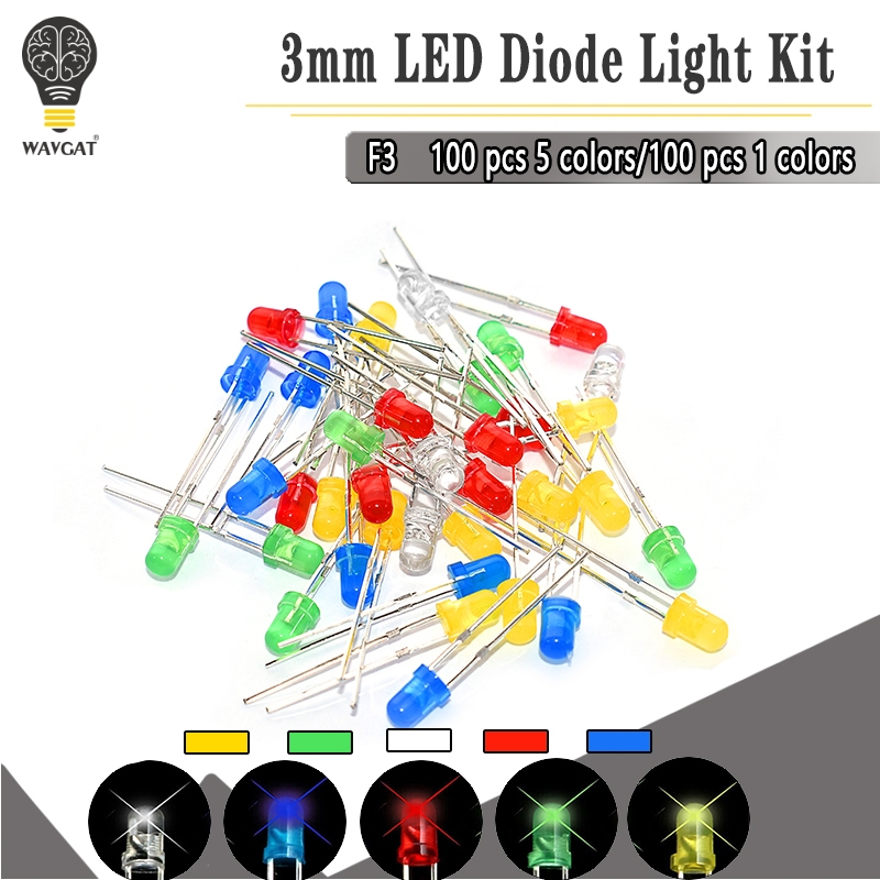 100PC/Lot 5MM F3 3mm LED Diode Light Assorted Kit Green Blue White ...