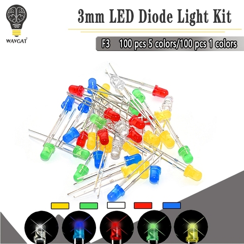 100PC/Lot 5MM F3 3mm LED Diode Light Assorted Kit Green Blue White Yellow Red COMPONENT DIY kit ► Photo 1/6