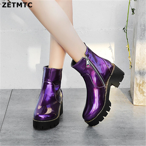 women laser shining patent leather ankle boots street riding chunky heels platform short plush lining winter booties young shoes ► Photo 1/6